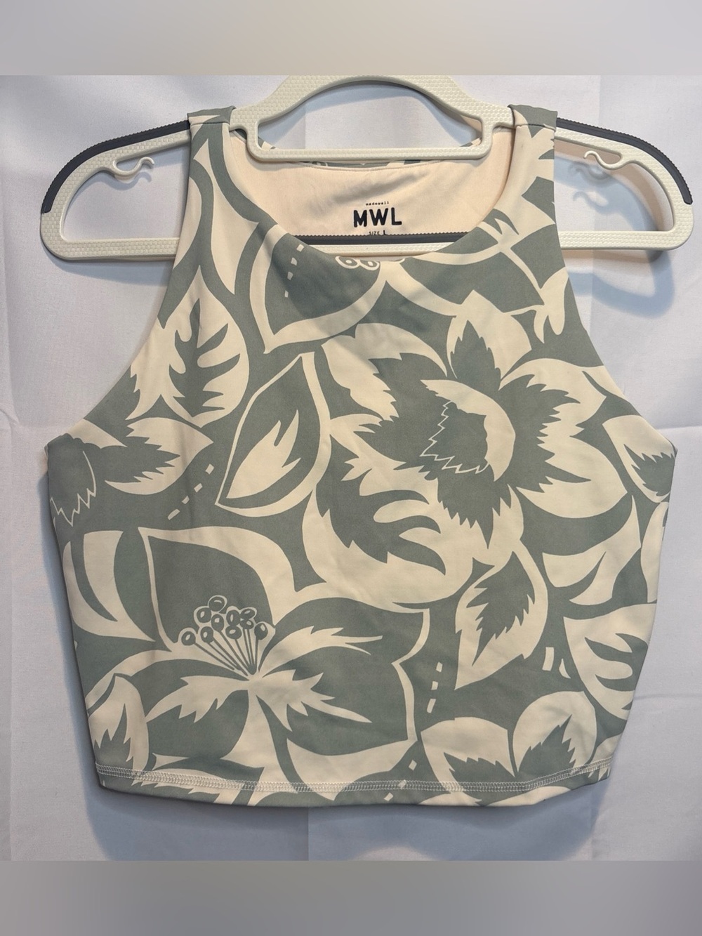 Madewell Cream and Sage Floral High-Neck Cropped Tank built in bra